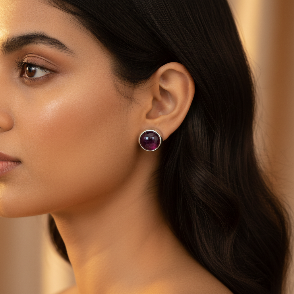 Silver Garnet Stud Earrings | Round Gemstone Earrings for Women