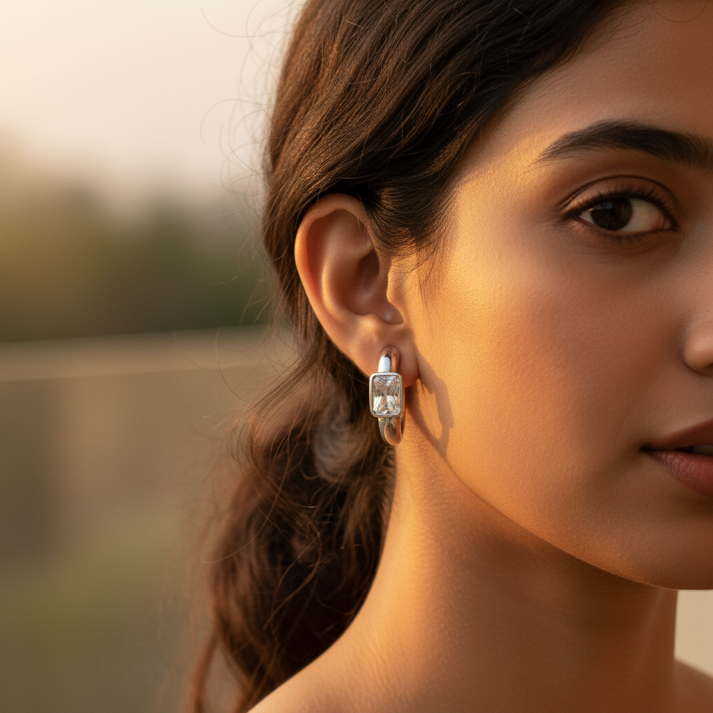 Silver Cubic Zirconia Hoop Earrings | Women's Daily Wear