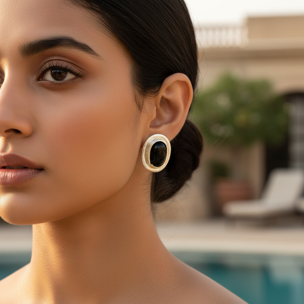 Silver Stud Earrings with Black Onyx Stone | Women's Jewelry