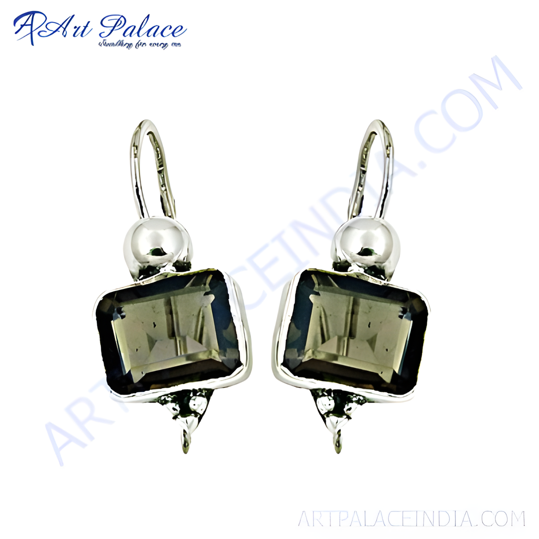 925 sterling silver drop earrings with square-cut smoky quartz gemstones, elegant design
