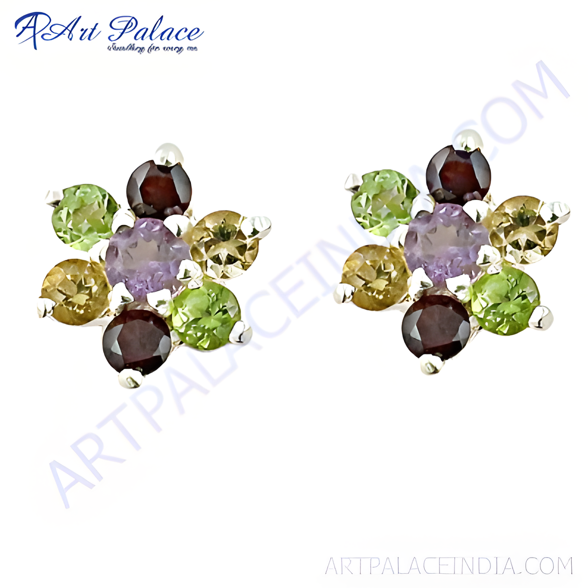 925 sterling silver flower stud earrings with amethyst, garnet, peridot, and citrine gemstones