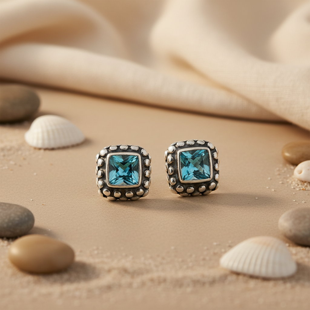 925 Silver Blue Topaz Stud Earrings for Women | Daily Wear Gift