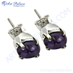 Load image into Gallery viewer, 925 sterling silver stud earrings with a round purple gemstone. Elegant and classic jewelry.
