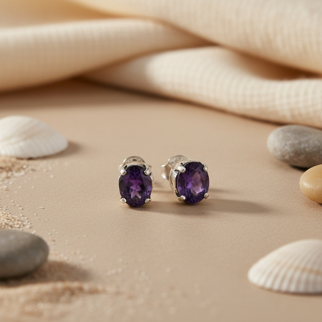 925 Silver Purple Gemstone Stud Earrings for Women