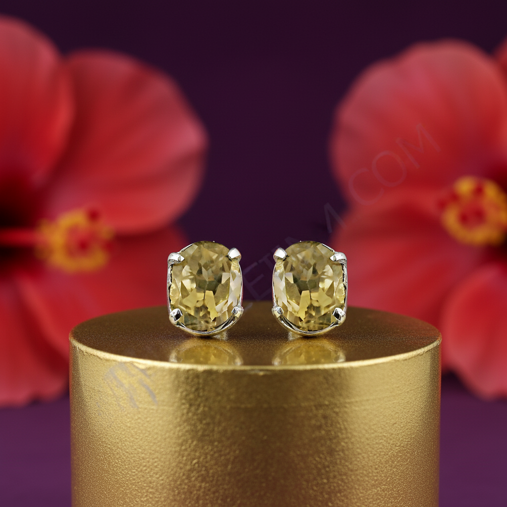 Yellow Citrine Stud Earrings in Sterling Silver | For Women