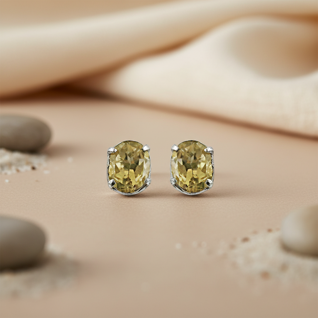 Yellow Citrine Stud Earrings in Sterling Silver | For Women