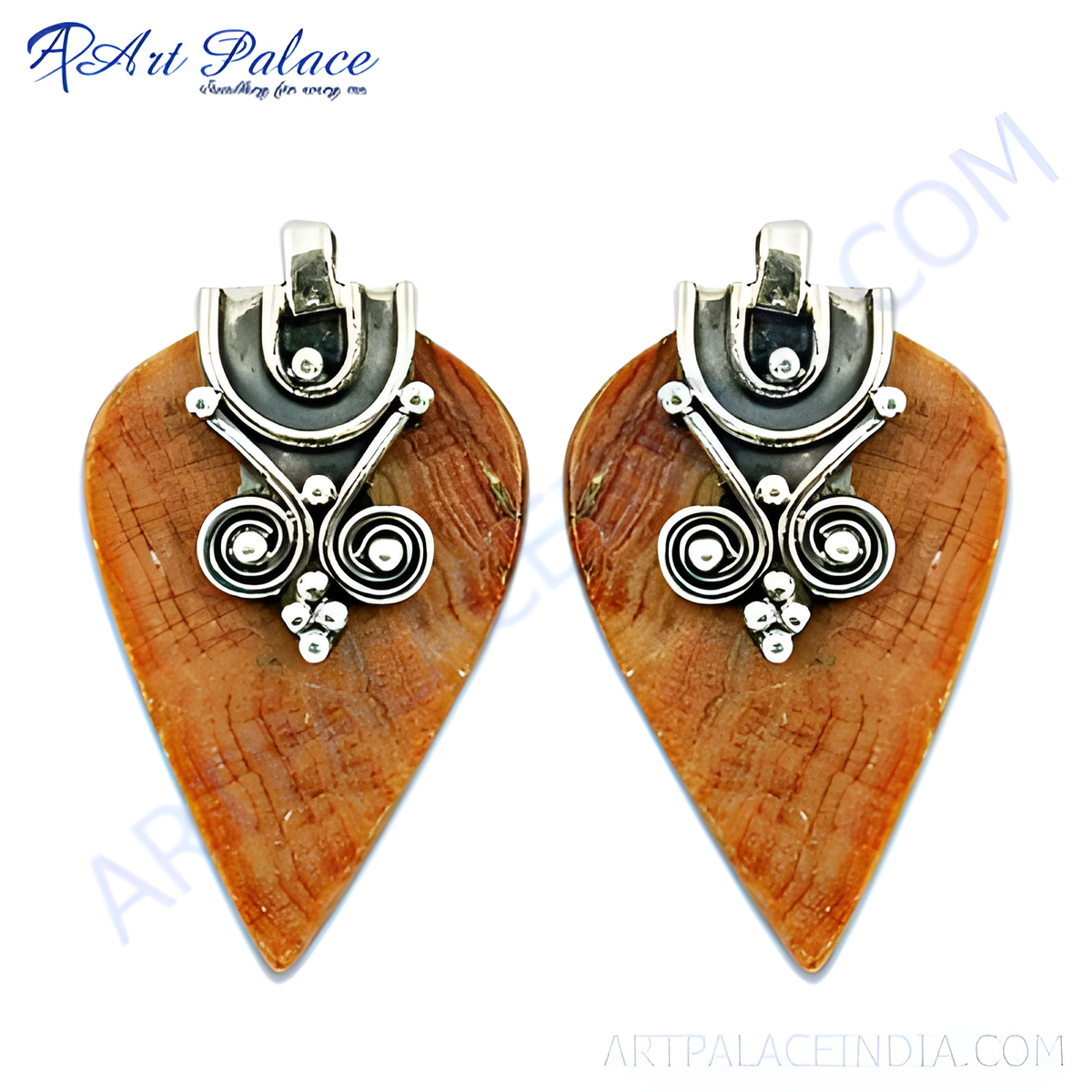 Silver dangle earrings with brown stone inlay and intricate silver detailing, perfect for women