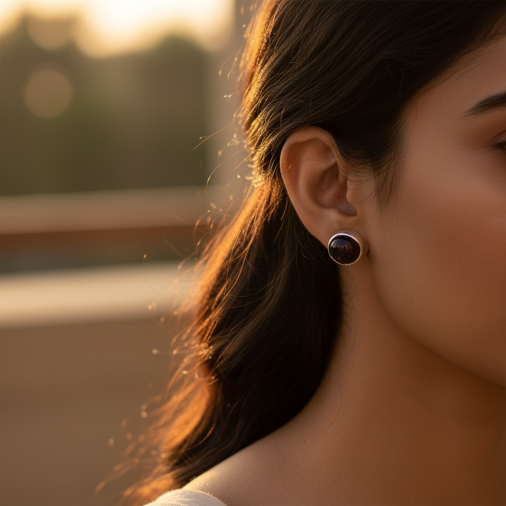 Silver Stud Earrings with Black Gemstone | Women's Jewelry Gift