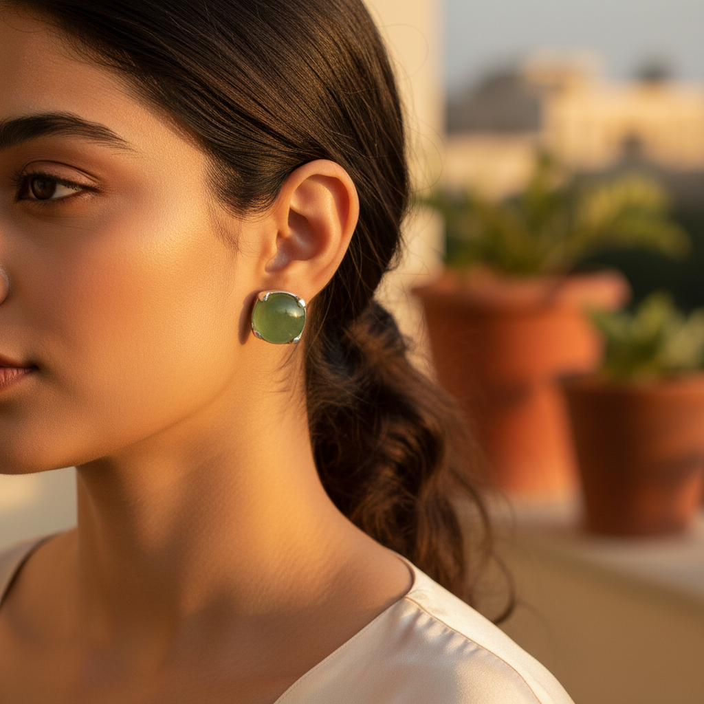 Silver Stud Earrings with Green Gemstone | Women's Jewelry