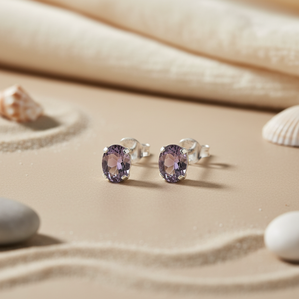 925 Silver Amethyst Stud Earrings for Women | Daily Wear