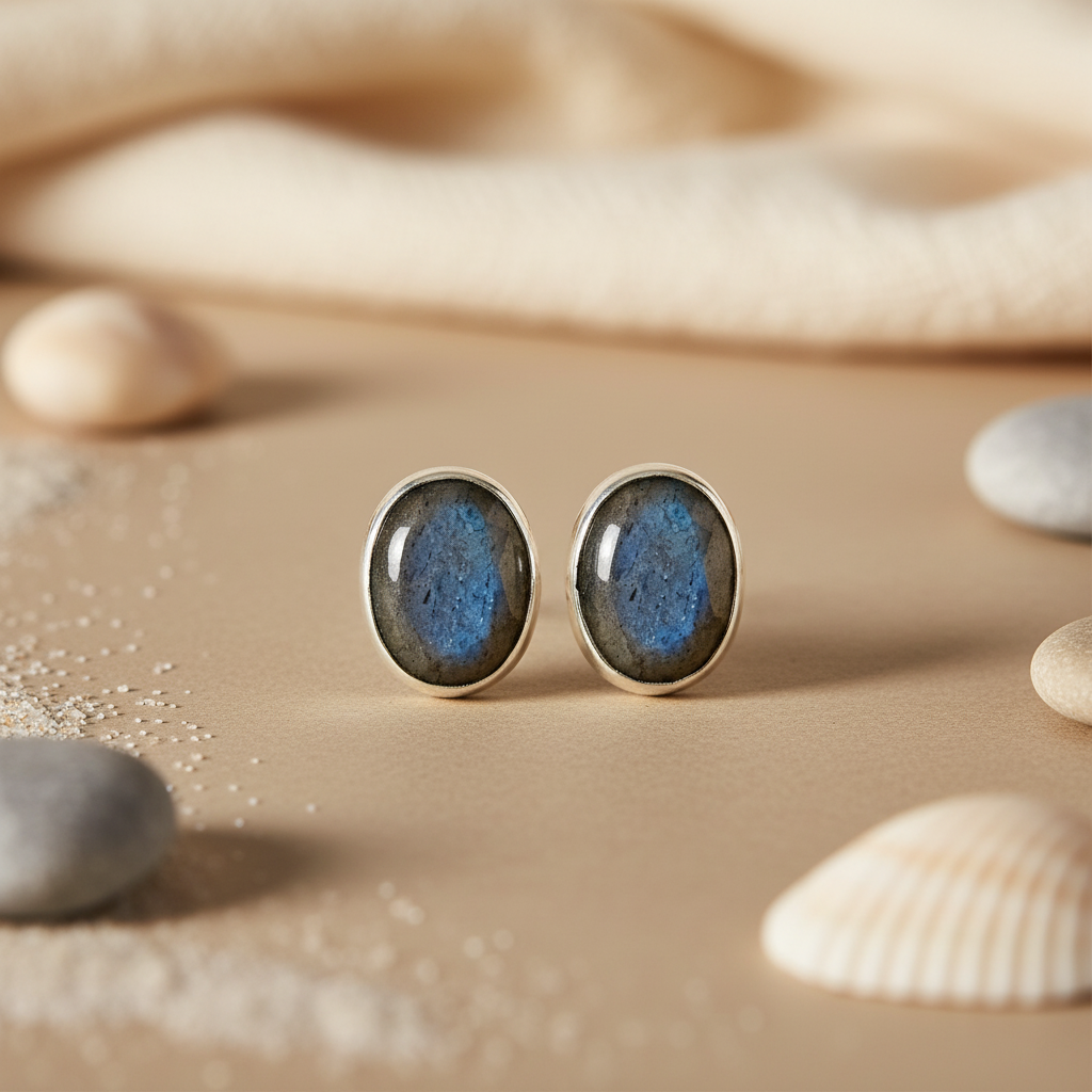 Labradorite Stud Earrings | 925 Sterling Silver | For Women