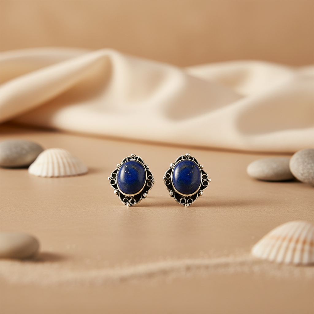 925 Silver Blue Gemstone Stud Earrings | Women's Jewelry Gift