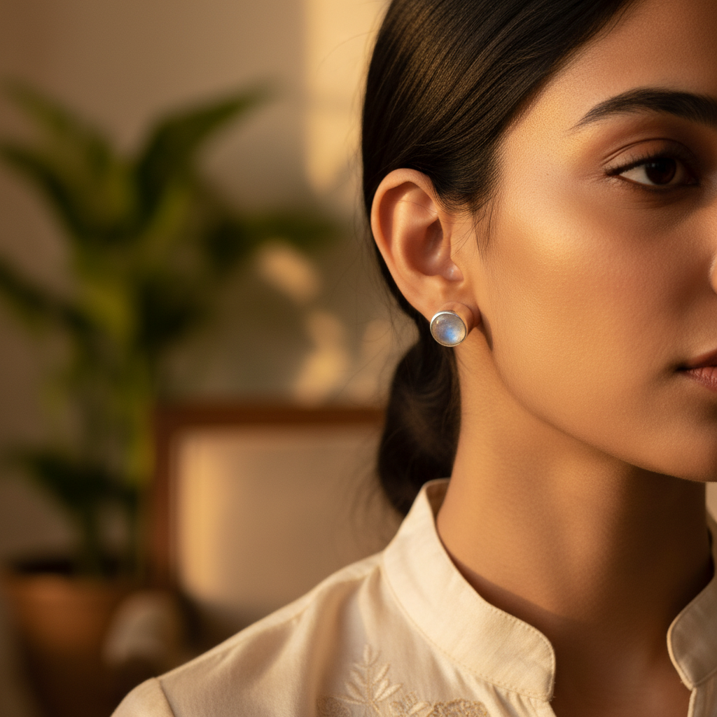 925 Silver Moonstone Stud Earrings for Women | Daily Wear