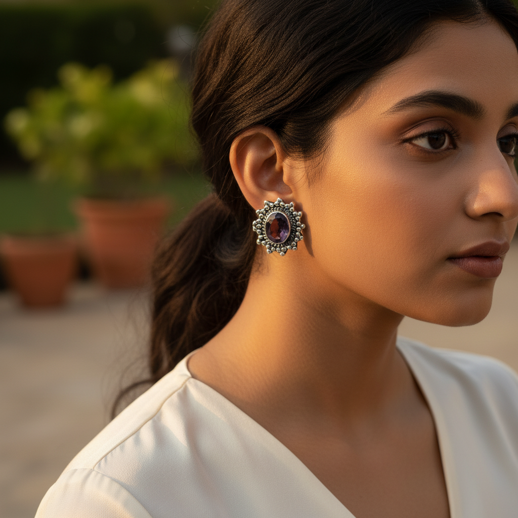 925 Silver Amethyst Stud Earrings for Women | Gemstone Jewelry
