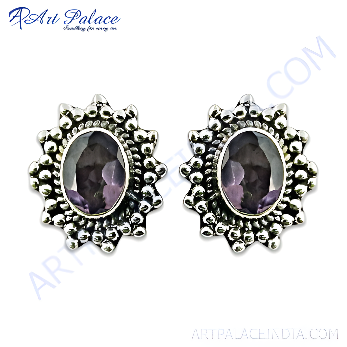 925 sterling silver stud earrings with oval amethyst gemstones and ornate silver detailing