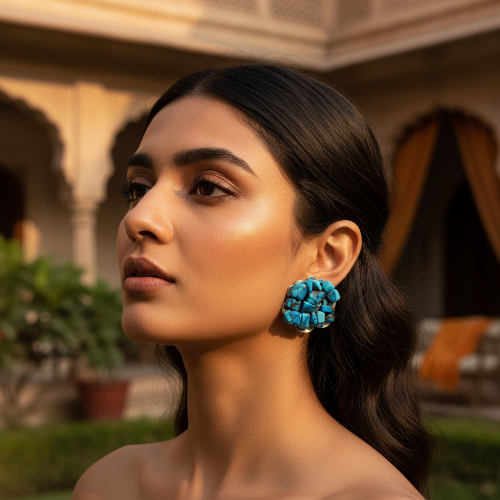 Turquoise Stone Cluster Earrings | Silver Statement Earrings