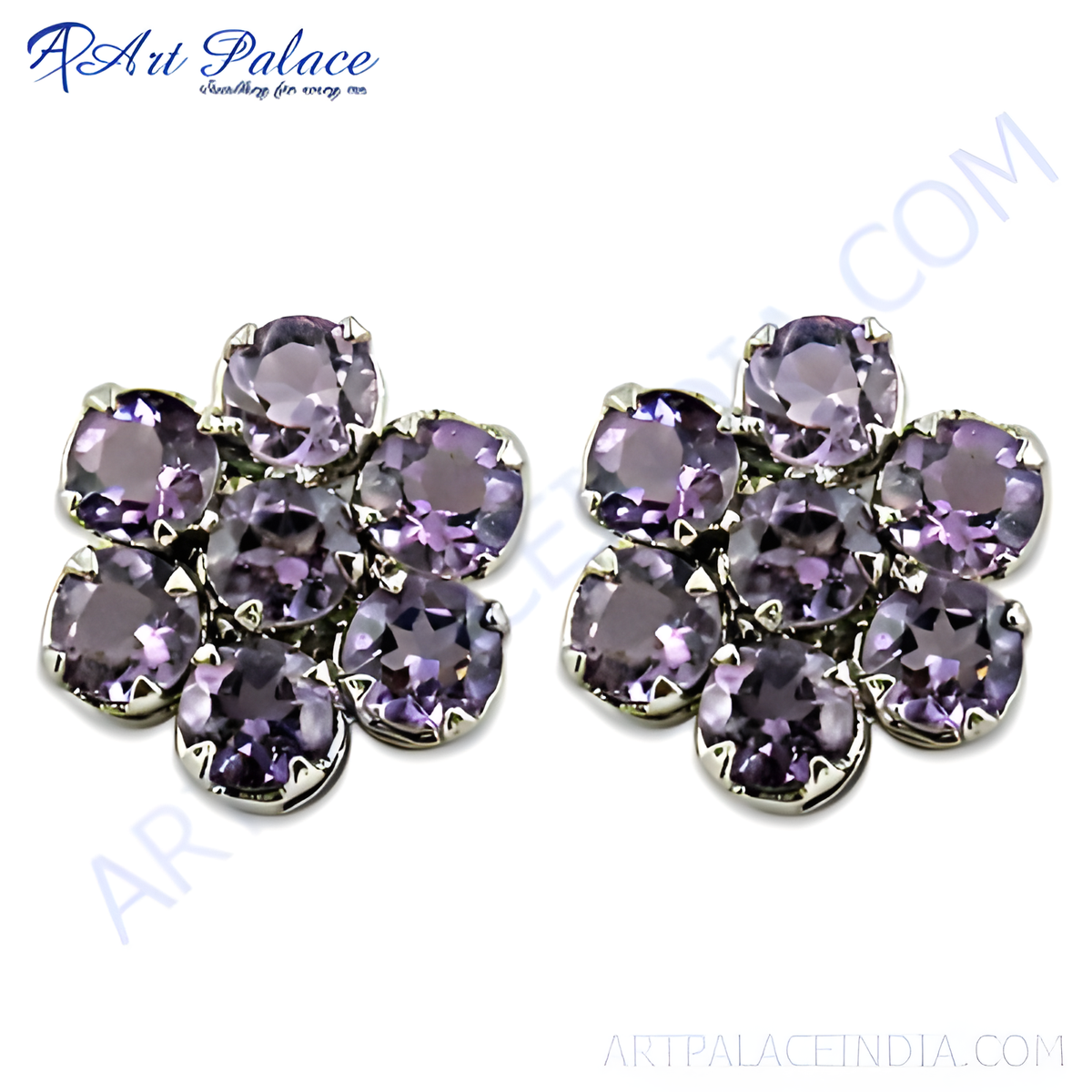 Sterling silver stud earrings featuring a flower design with round purple amethyst gemstones