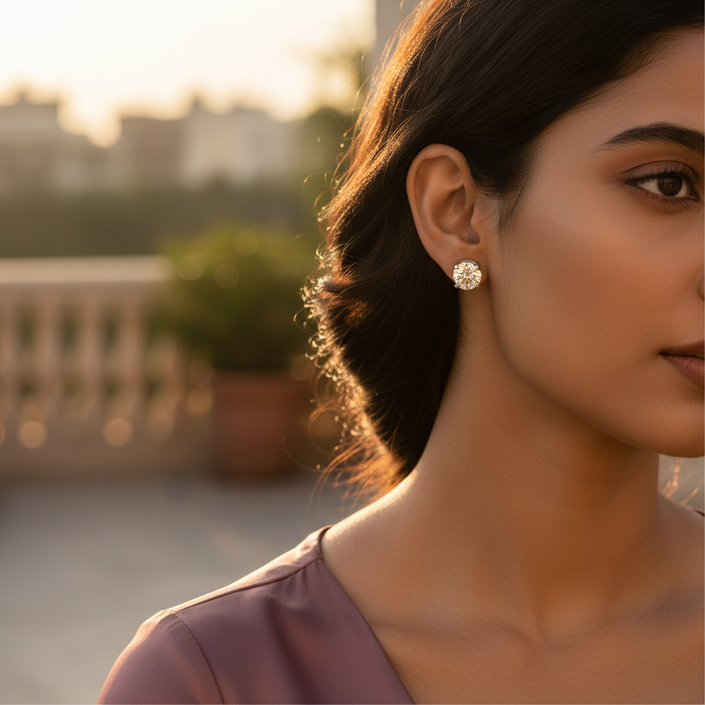 Silver Stud Earrings | Round Cut Diamond Studs | For Women