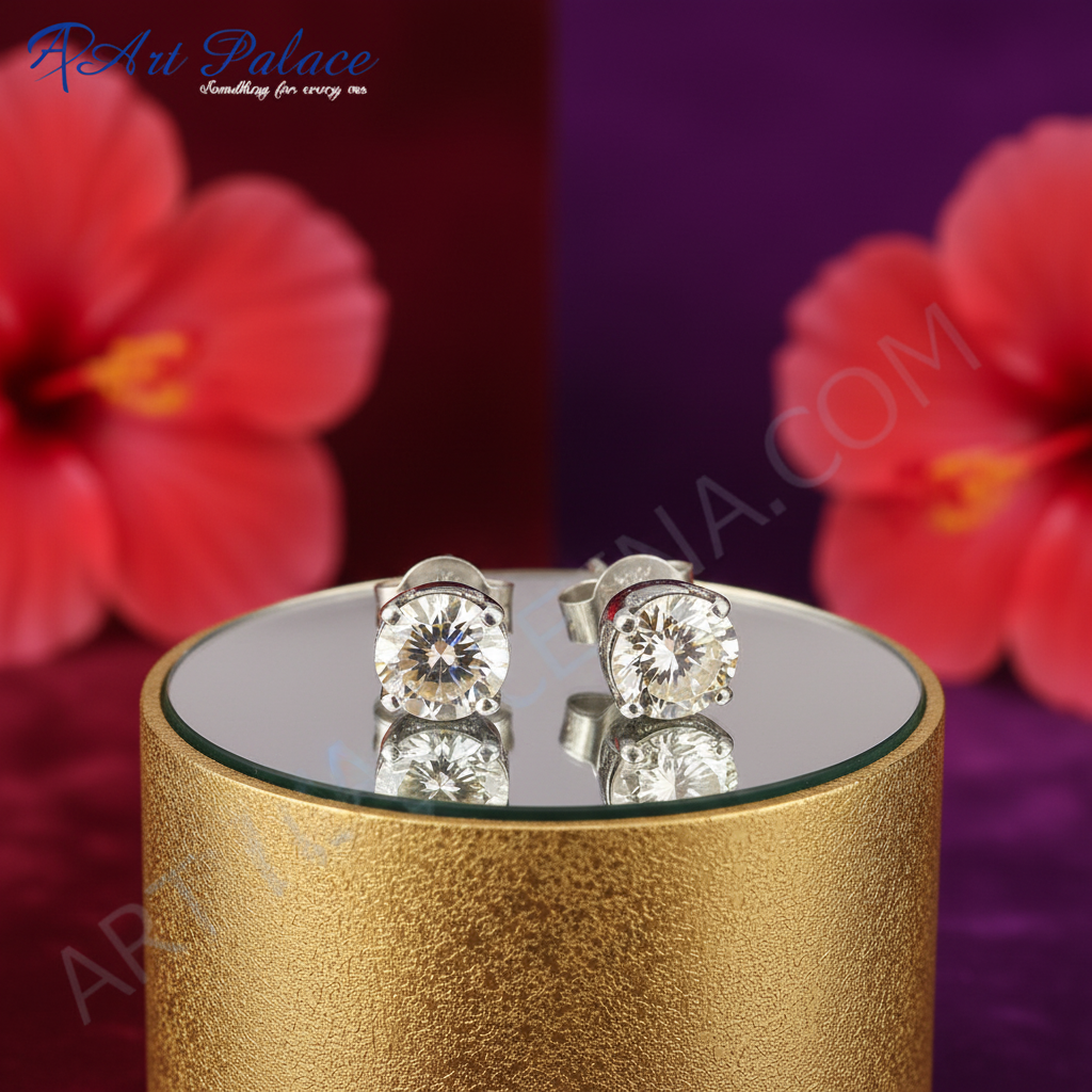 Silver Stud Earrings | Round Cut Diamond Studs | For Women