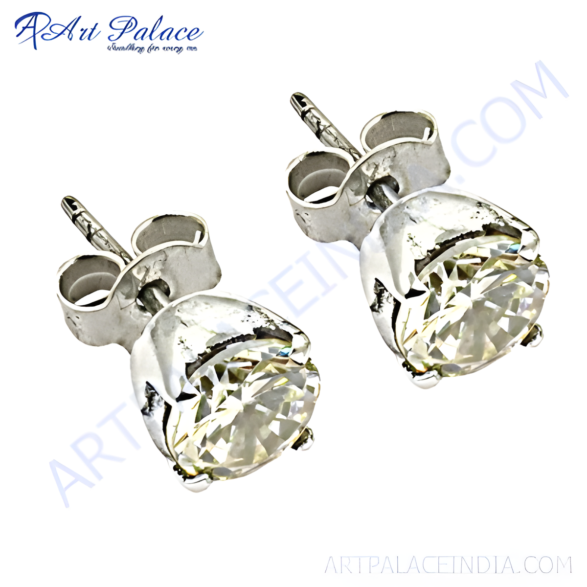 Silver stud earrings with round cut diamonds, sparkling white gemstone, and a classic design