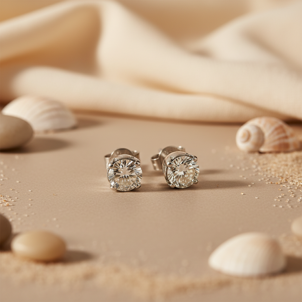 Silver Stud Earrings | Round Cut Diamond Studs | For Women