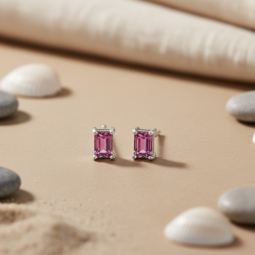 Silver Pink Gemstone Stud Earrings | Women's Jewelry Gift