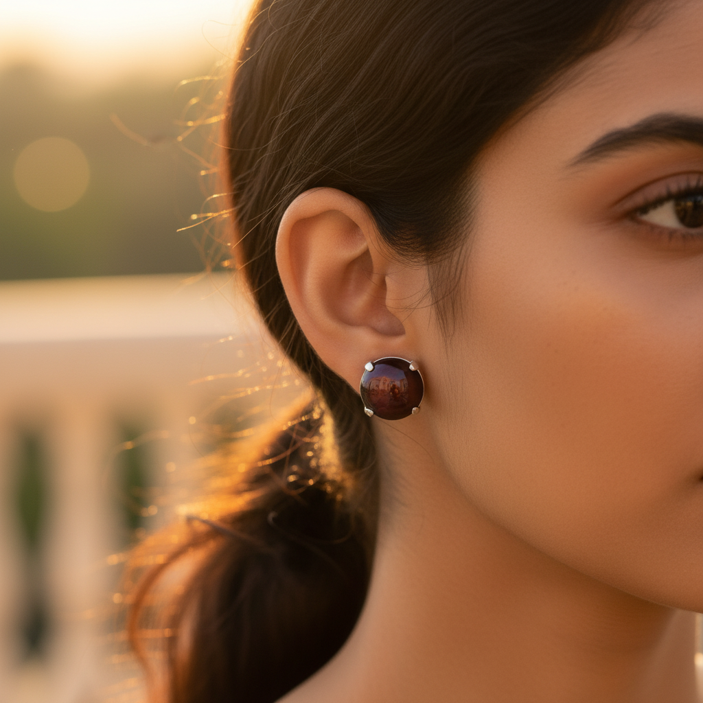 Silver Stud Earrings | Round Gemstone Studs for Women