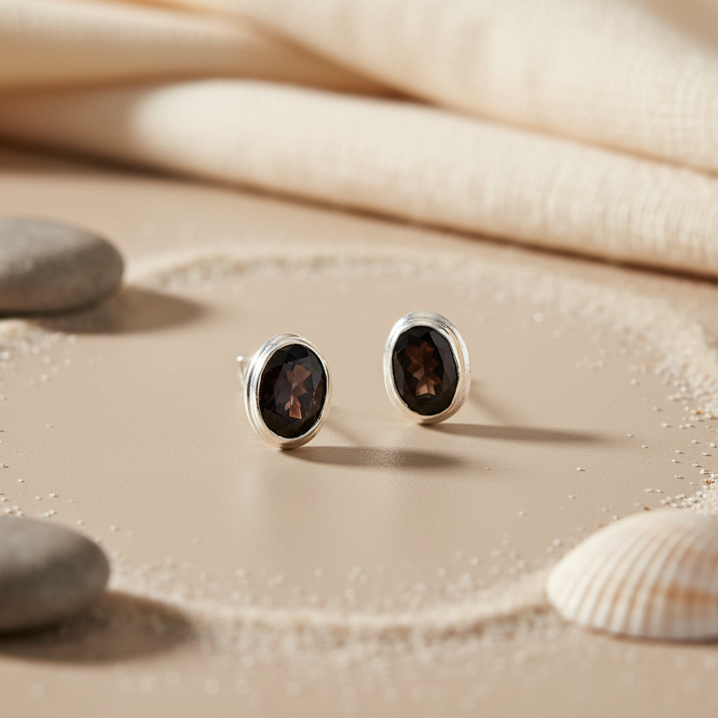 Silver Stud Earrings with Black Gemstones | Women's Jewelry