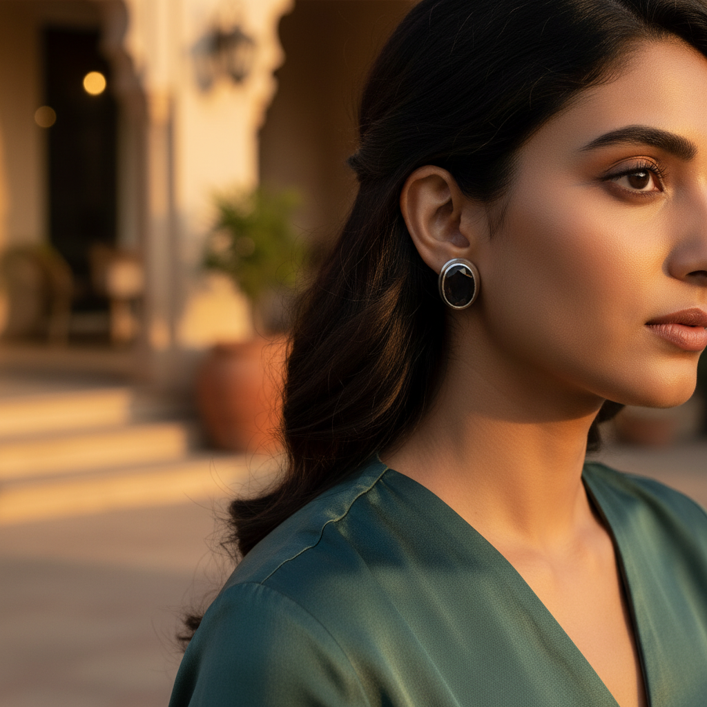 Silver Stud Earrings with Black Gemstones | Women's Jewelry