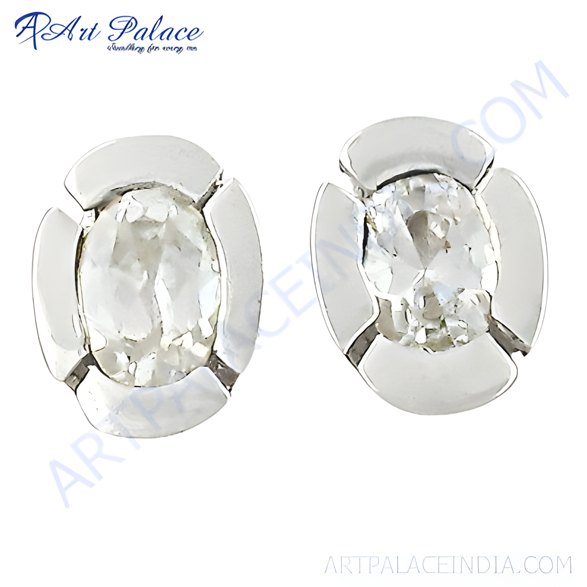 Oval cut diamond stud earrings set in silver flower design, featuring sparkling white gemstones