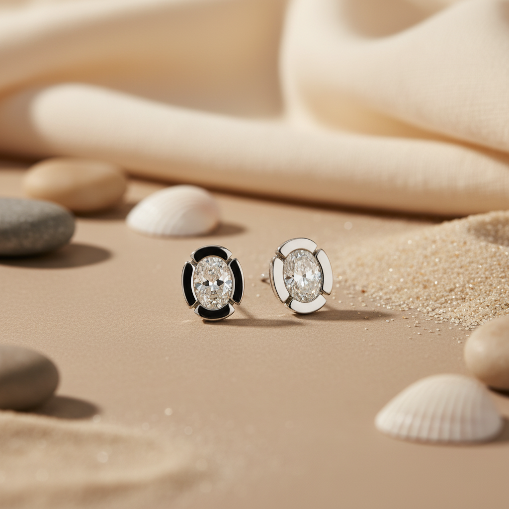Oval Cut Diamond Stud Earrings | Silver Flower Design for Women
