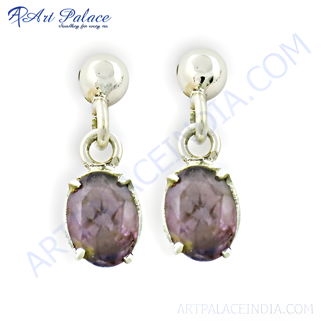 925 silver drop earrings with oval amethyst gemstones, showcasing a purple hue and elegant design.