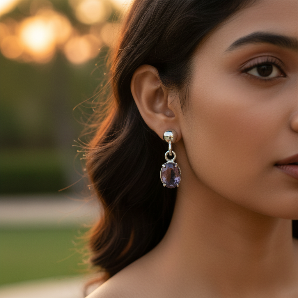 925 Silver Oval Amethyst Drop Earrings for Women | Gift