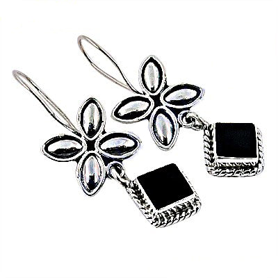 925 Silver Flower Drop Earrings with Black Stone | Women's Jewelry