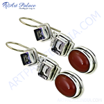 Load image into Gallery viewer, 925 sterling silver drop earrings featuring amethyst and carnelian gemstones in a drop design
