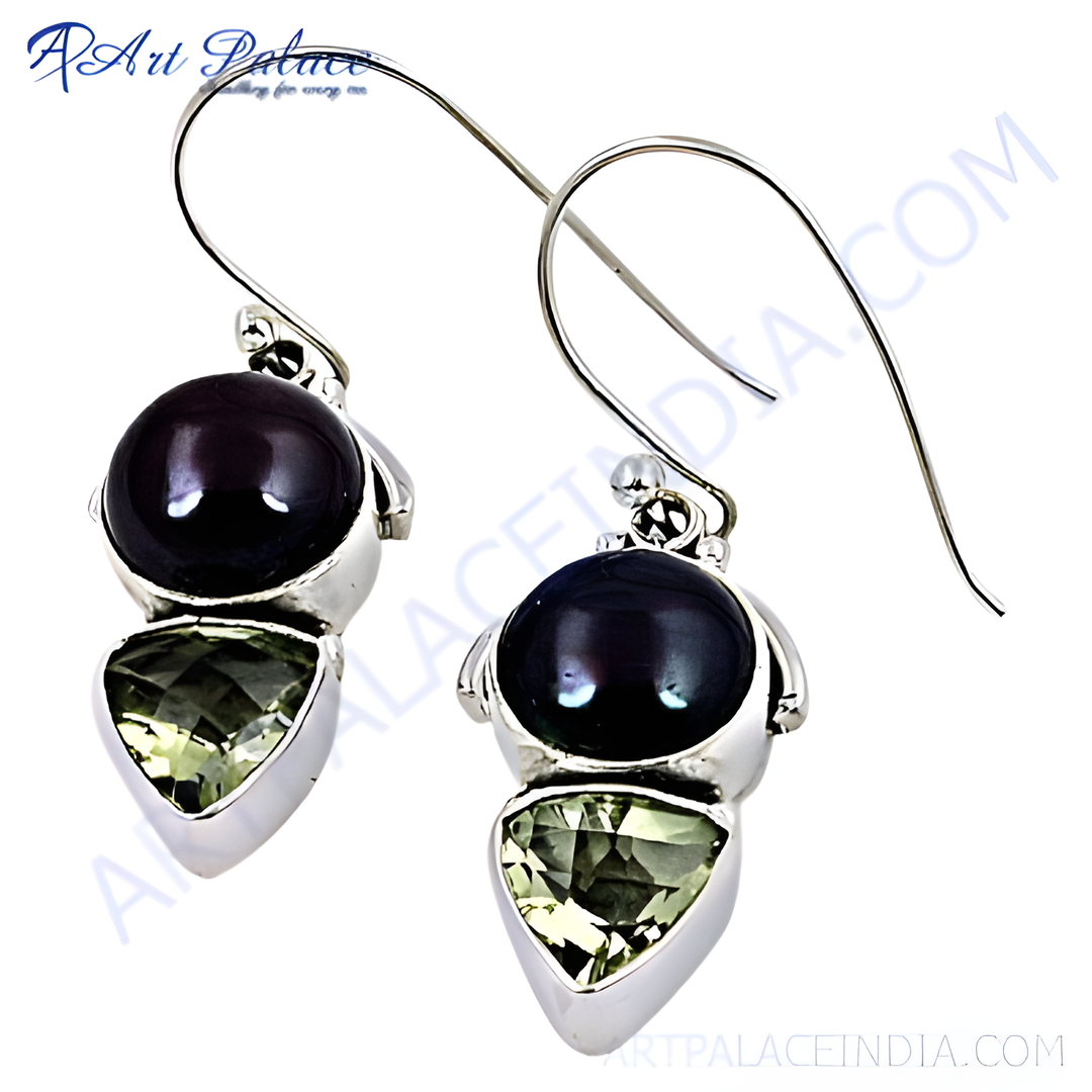 Sterling silver dangle earrings featuring a black pearl and green amethyst gemstone.