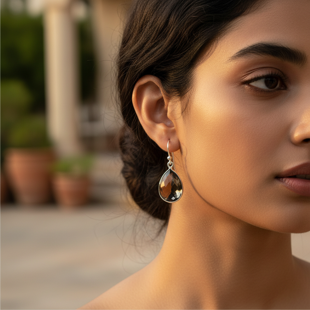 Smoky Quartz Teardrop Earrings in Sterling Silver for Women