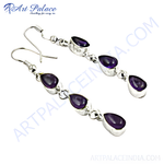 Load image into Gallery viewer, 925 sterling silver drop earrings with three purple amethyst gemstones; women's jewelry
