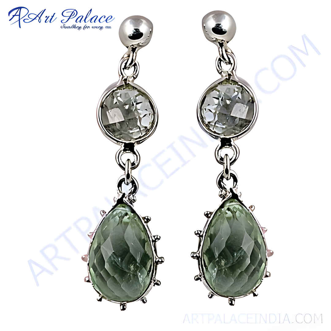 Sterling silver drop earrings with green amethyst gemstones, featuring a faceted, pear-shaped design.