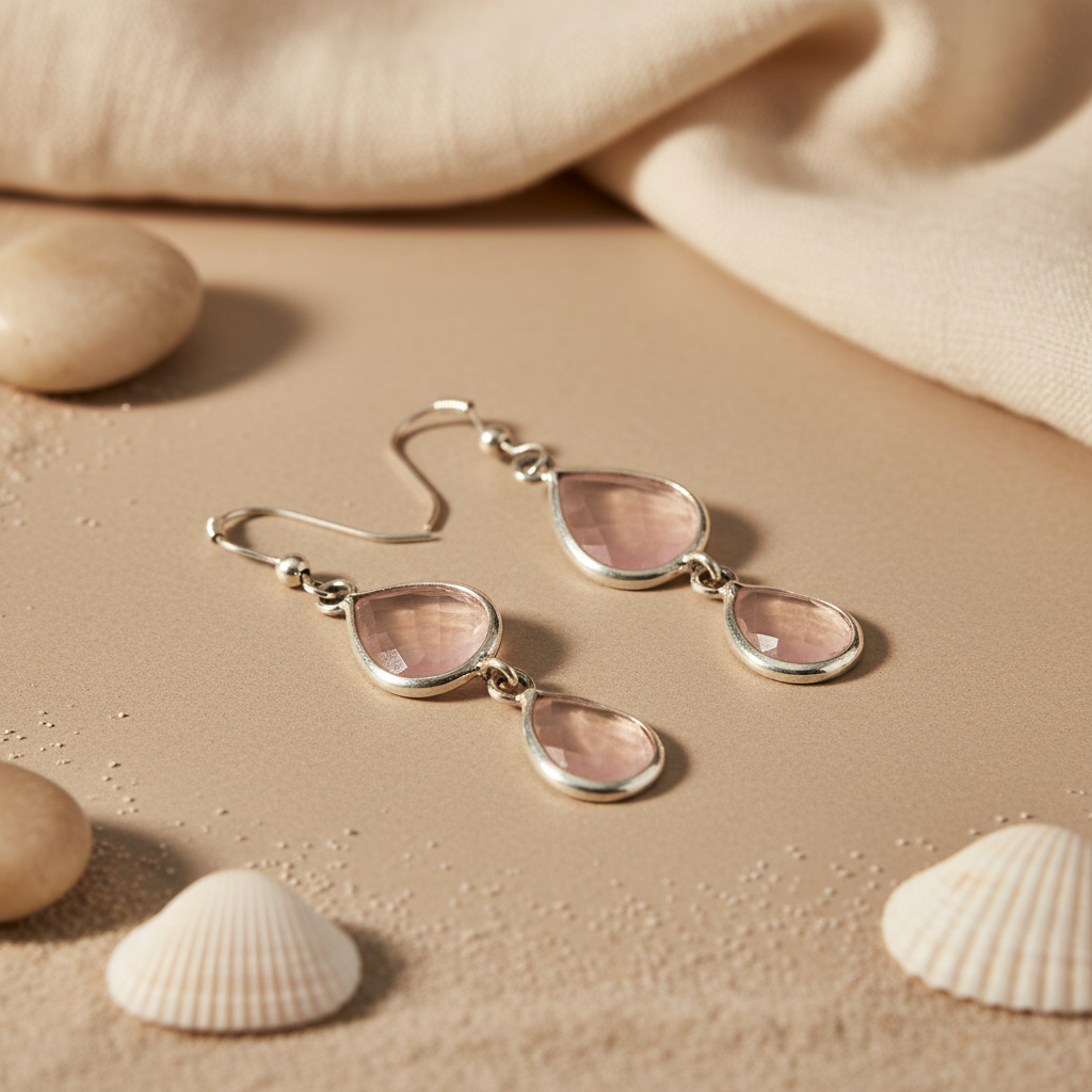 Silver Pink Gemstone Drop Earrings for Women | Gift