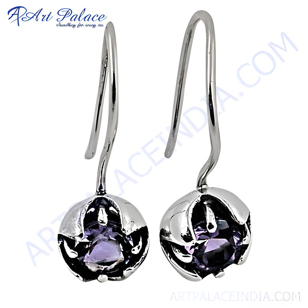 925 sterling silver drop earrings featuring amethyst gemstones, purple color, and floral design