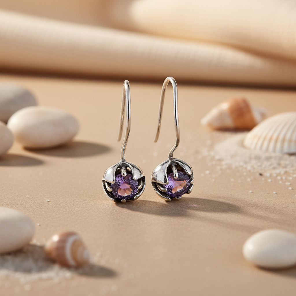 925 Silver Amethyst Drop Earrings for Women | Floral Jewelry