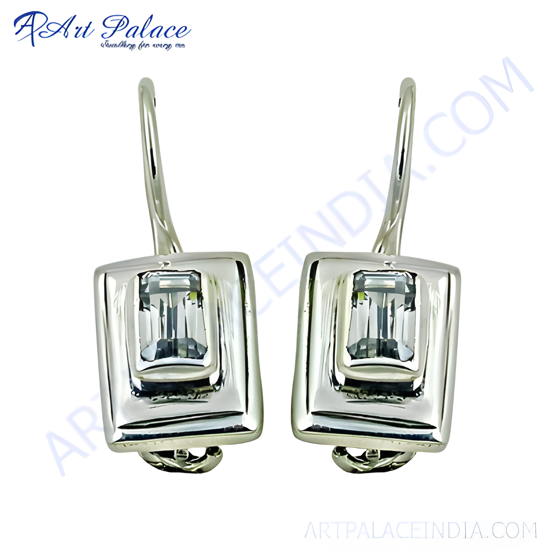 Silver square hook earrings with a gemstone center, perfect for women's fashion and gifting.