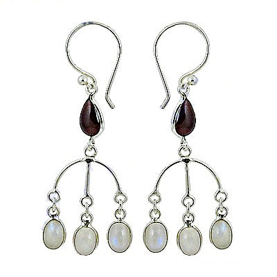 925 Silver Moonstone & Garnet Dangle Earrings for Women