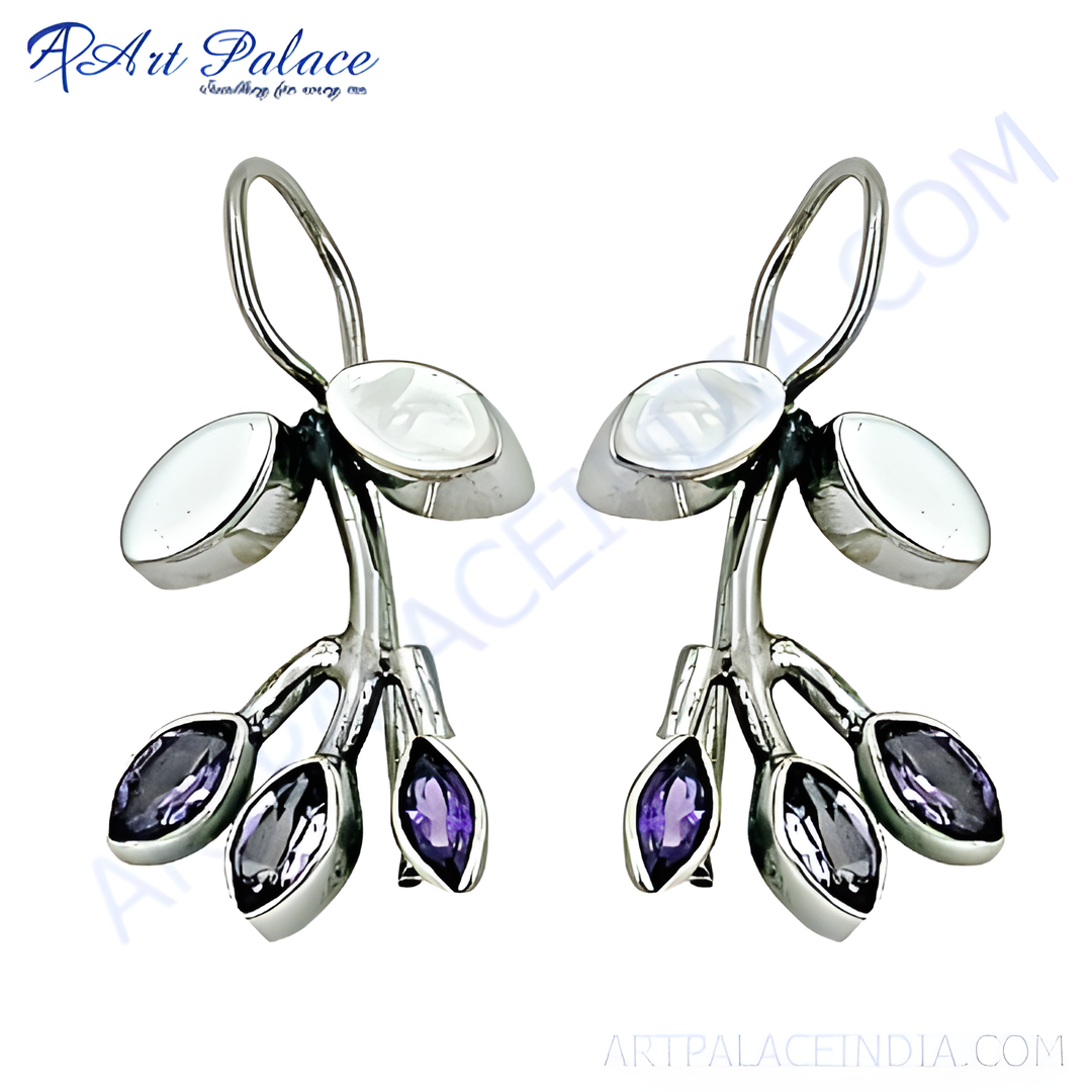 925 sterling silver drop earrings featuring amethyst gemstones in a leaf design.