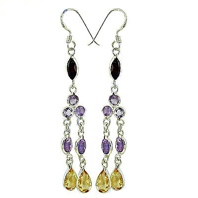 925 Silver Gemstone Dangle Earrings | Purple & Yellow | Gift
