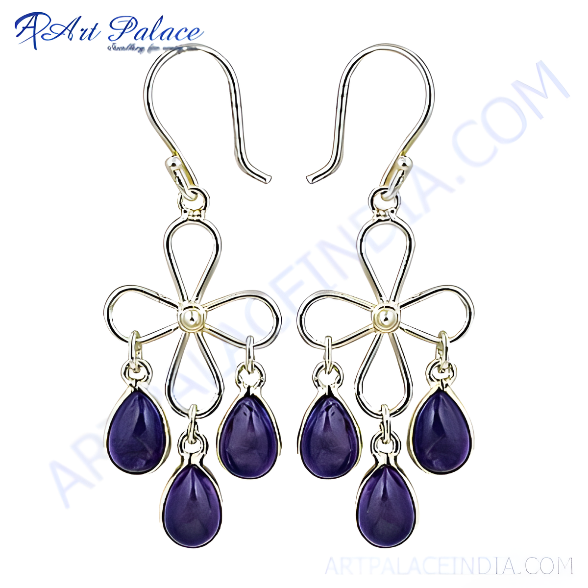 Sterling silver dangle earrings with a flower design and purple amethyst gemstones