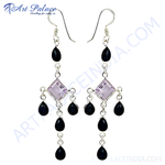 Load image into Gallery viewer, 925 sterling silver drop earrings with amethyst and black onyx gemstones.
