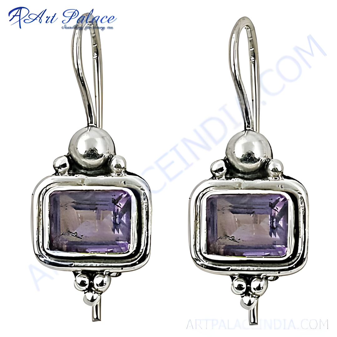 Sterling silver drop earrings featuring rectangular purple amethyst gemstones, suitable for women.