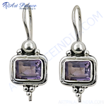 Load image into Gallery viewer, Sterling silver drop earrings featuring rectangular purple amethyst gemstones, suitable for women.
